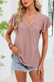 Eyelet V-Neck Blouse with Flutter Sleeves Dusty pink - Tops from Cindelily