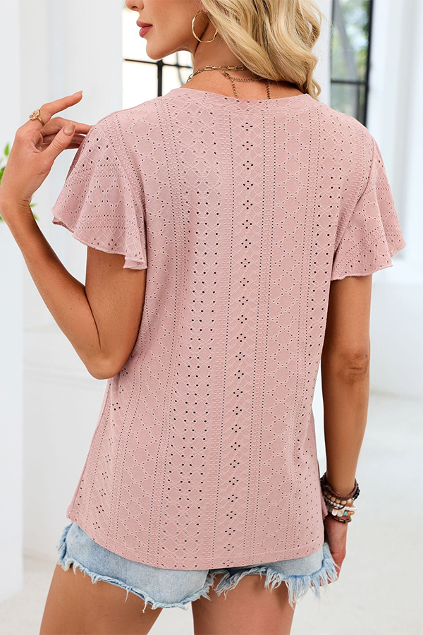 Eyelet V-Neck Blouse with Flutter Sleeves - Tops from Cindelily