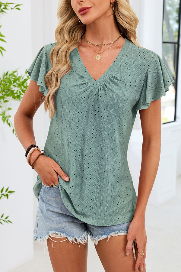 Eyelet V-Neck Blouse with Flutter Sleeves Light green - Tops from Cindelily
