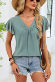 Eyelet V-Neck Blouse with Flutter Sleeves - Tops from Cindelily