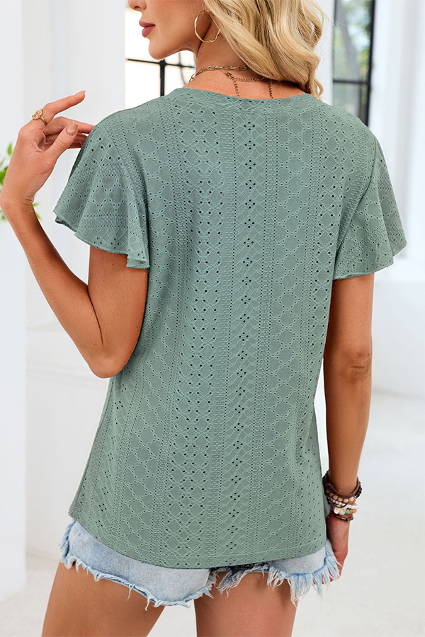 Eyelet V-Neck Blouse with Flutter Sleeves - Tops from Cindelily