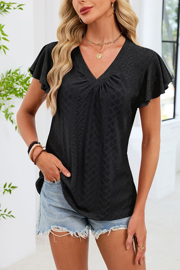 Eyelet V-Neck Blouse with Flutter Sleeves Black - Tops from Cindelily