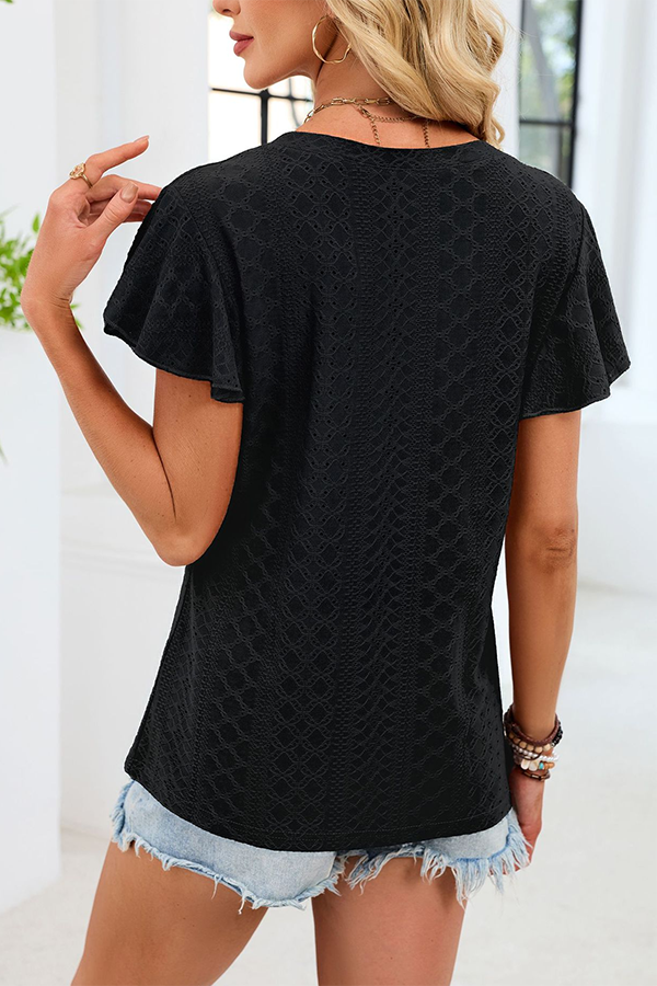 Eyelet V-Neck Blouse with Flutter Sleeves - Tops from Cindelily