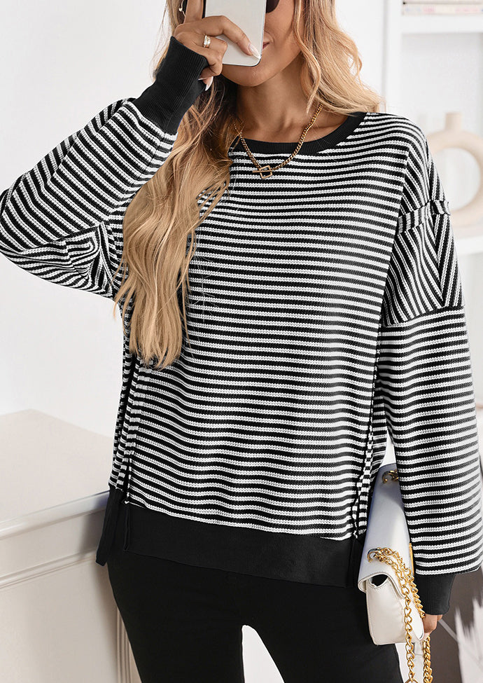 Side Split Striped Crew Neck Sweatshirt