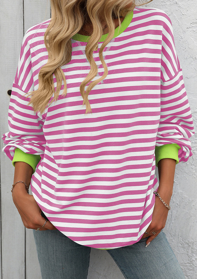 Striped Crew Neck Color Block Casual Sweatshirt