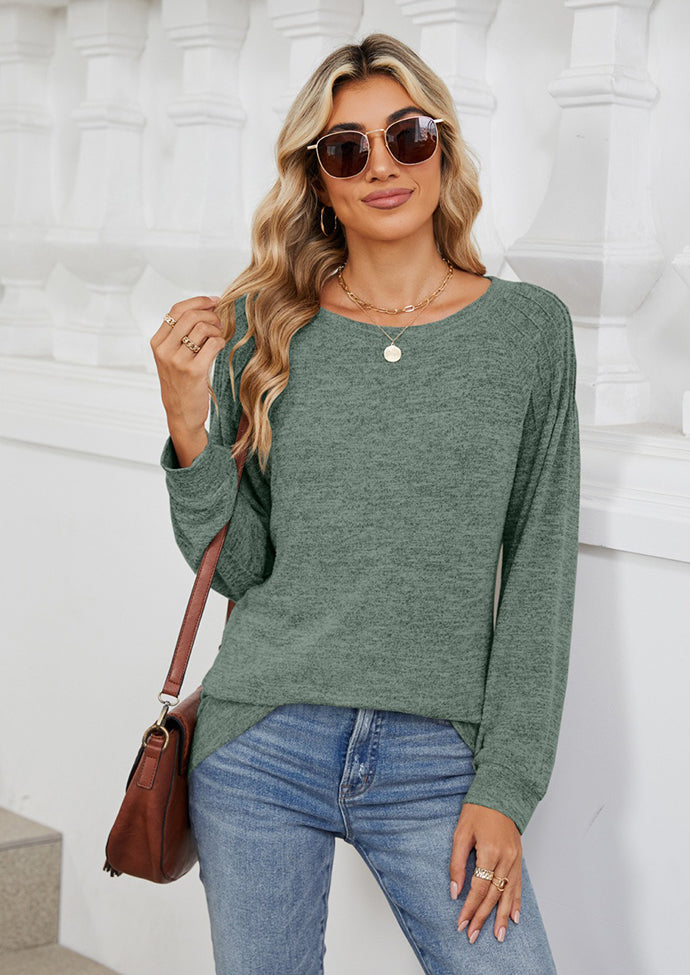 Pleated Long Sleeve Crew Neck Casual T-shirt