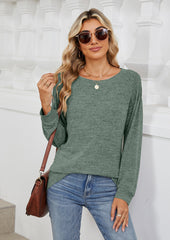 Pleated Long Sleeve Crew Neck Casual T-shirt