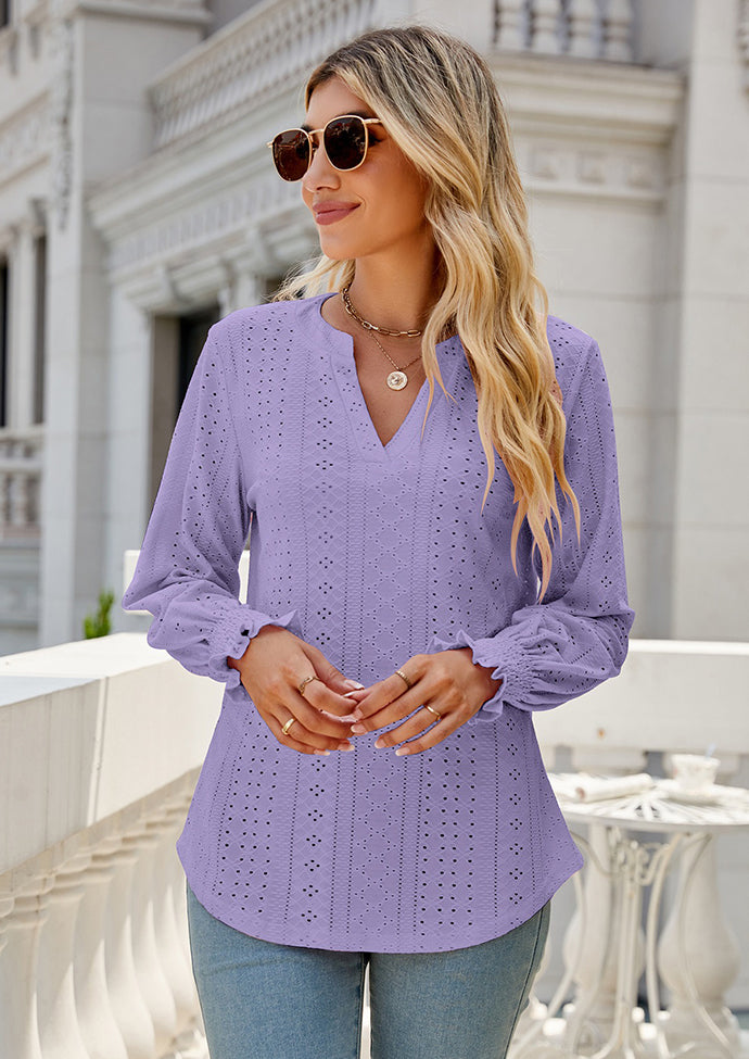 Jacquard V Neck Smocked Cuff Blouse