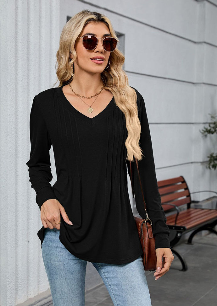 V Neck Pleated Long Sleeve Casual Tunic