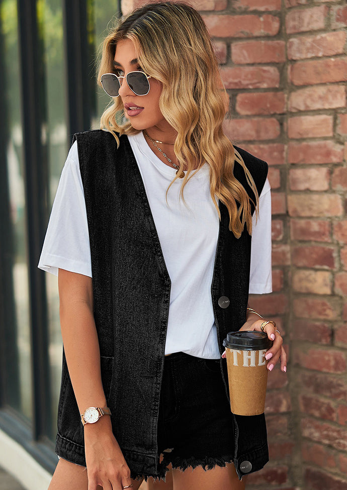 V Neck Button Up Denim Vest with Pockets