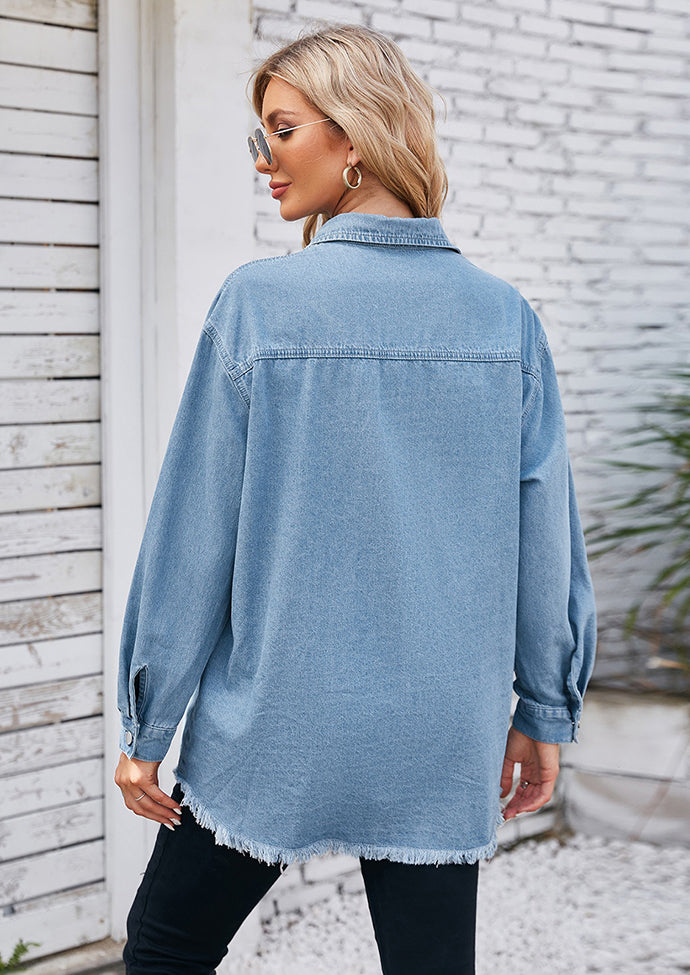 Washed Raw Hem Button Up Denim Shirt