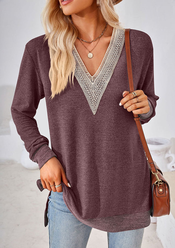 Lace Inset V Neck Side Split Tunic