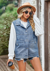 Button Up Hooded Denim Vest with Pockets