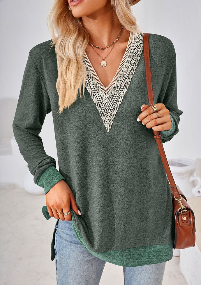 Lace Inset V Neck Side Split Tunic