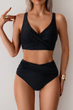 Wrap-Front Crop Top & High-Waist Bottoms Bikini Black - Swimwear from Cindelily