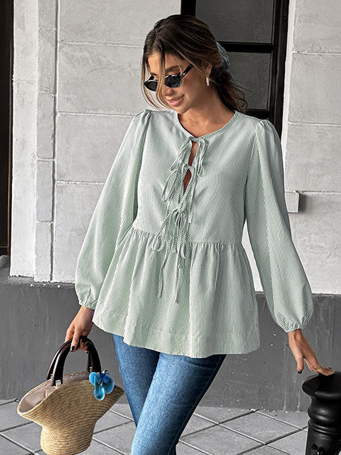 Bow Knotted Long Sleeve Stripe Blouse