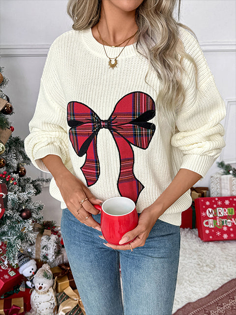 Christmas Gingham Bow Embroidered Crew Neck Sweater