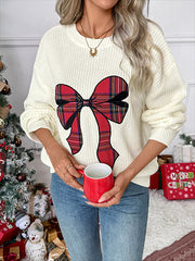 Christmas Gingham Bow Embroidered Crew Neck Sweater