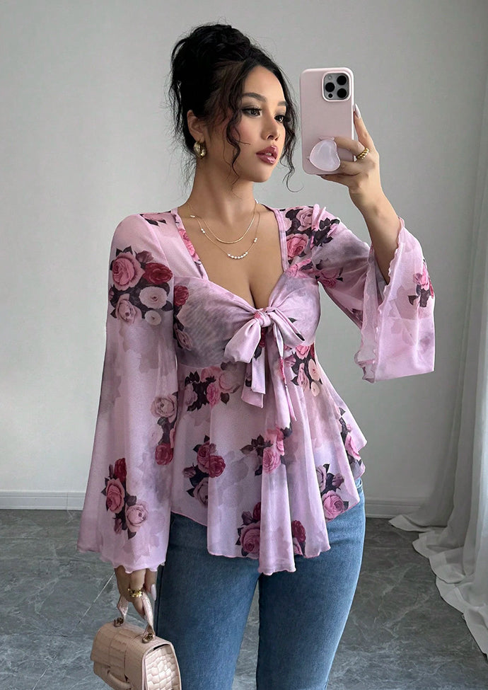 Floral Print Tie Bow Long Sleeve Top
