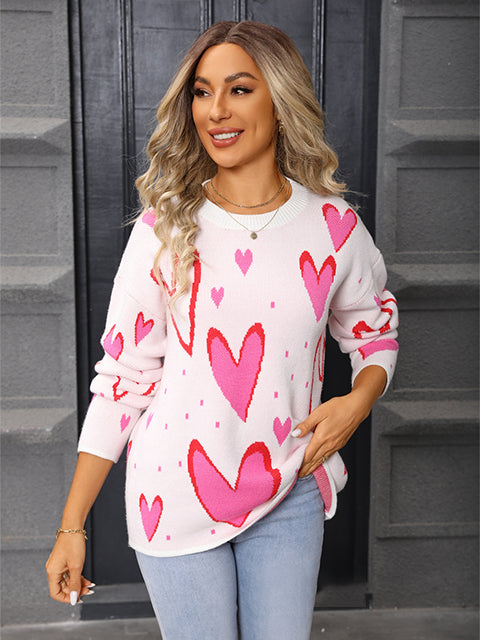 Heart Jacquard Knitted Crew Neck Sweater