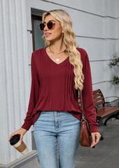 V Neck Pleated Long Sleeve Casual Tunic