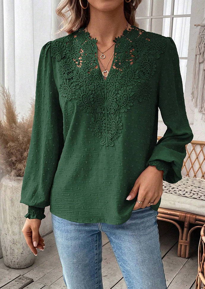 Lace Inset V Neck Long Sleeve Blouse