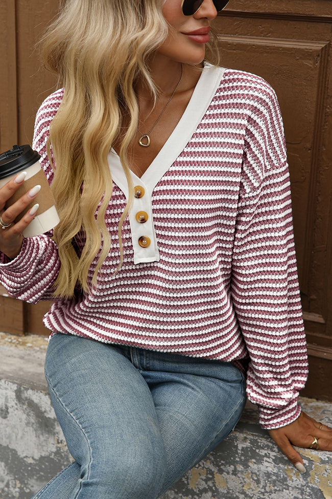 Button Detail V Neck Long Sleeve T-shirt