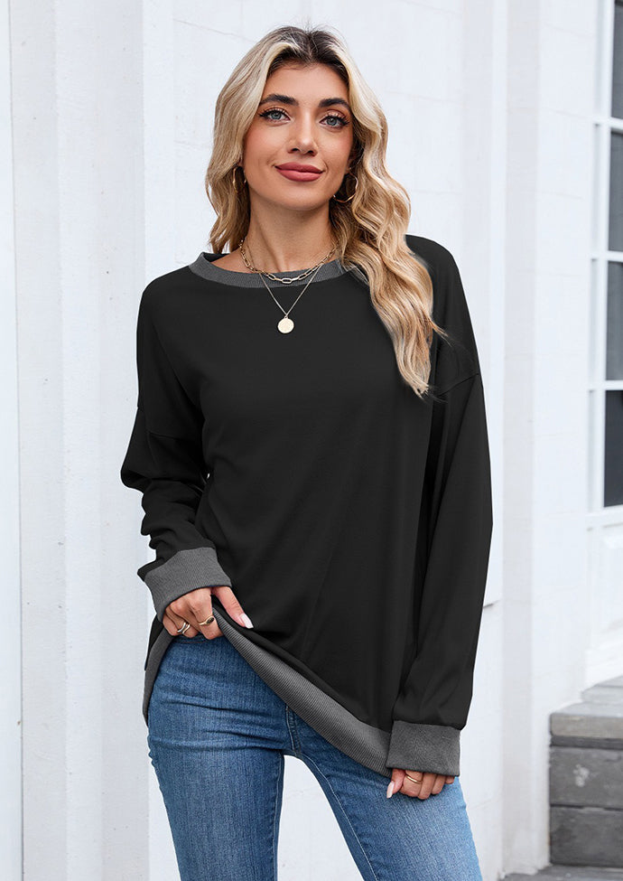 Ribbed Color Block Crew Neck Casual Sweatshirt
