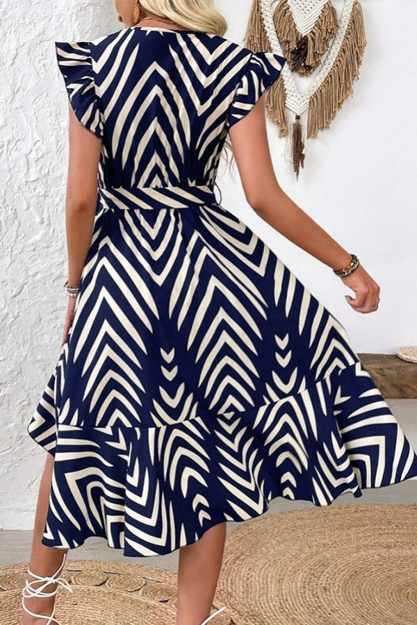 Navy & White Chevron Ruffle Wrap Dress - Dresses from Cindelily