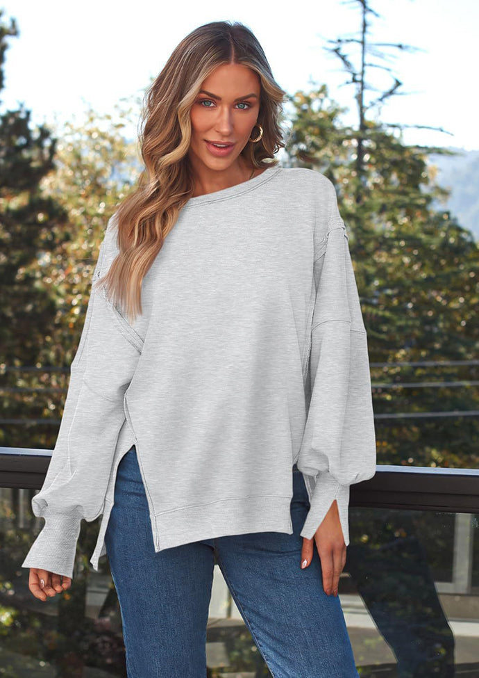 Crew Neck Side Split Casual Sweatshirt