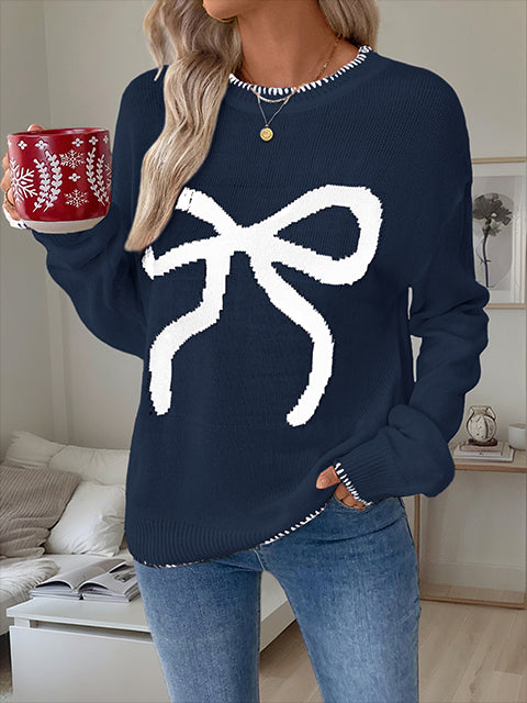 Crew Neck  Bow Jacquard Casual Sweater