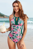 Leopard-Floral Print One-Piece Swimsuit Green - Swimwear from Cindelily