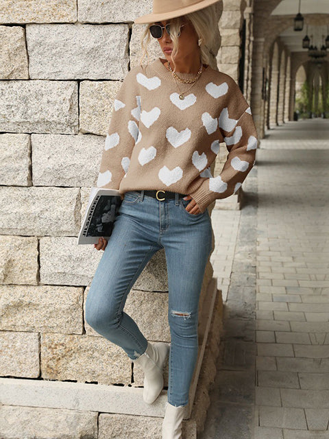 Heart Pattern Crew Neck Knitted Sweater