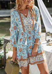 Button Detail Print Boho Mini Dress