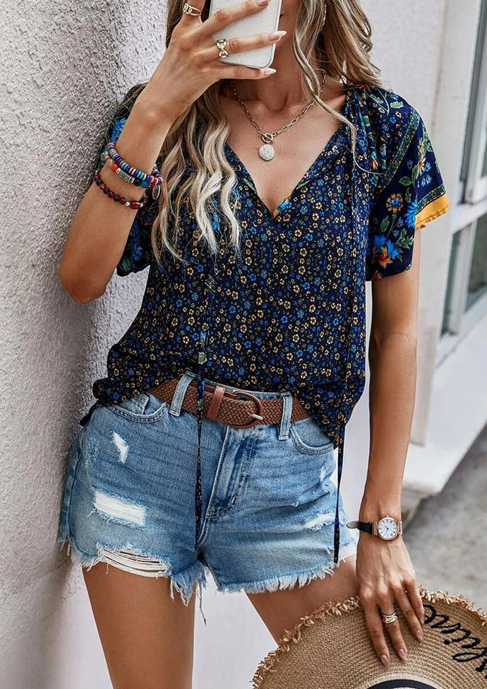 Floral Boho Tie Detail V Neck T-shirt