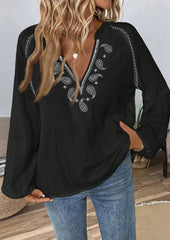 Embroidered V Neck Long Sleeve Boho Blouse