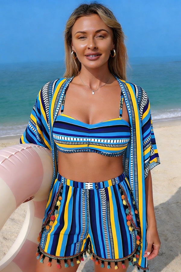 Striped Tassel Kimono Bikini & Shorts 4-Piece Set Blue - Swimwear from Cindelily