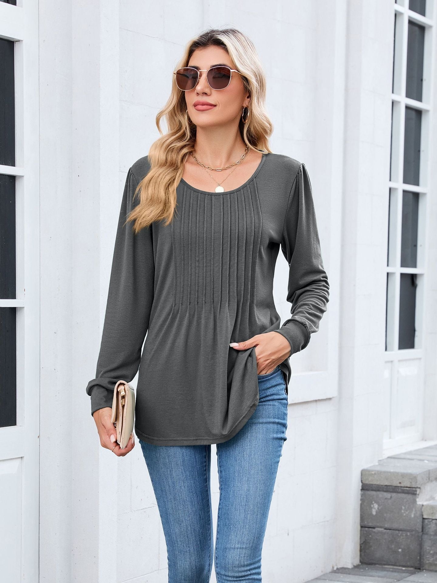 Pleated Crew Neck Long Sleeve Tunic
