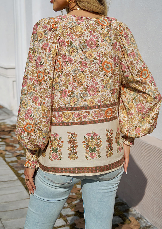 Tie Detail Smocked Cuff Boho Blouse