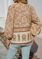 Tie Detail Smocked Cuff Boho Blouse