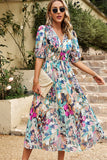 Floral Smocked Waist V Neck Chiffon Maix Dress Floral - Dresses from Cindelily