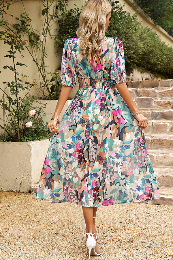 Floral Smocked Waist V Neck Chiffon Maix Dress - Dresses from Cindelily