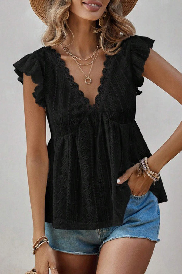 Ruffled V-Neck Eyelet Lace Blouse - Blouses & Shirts from Cindelily