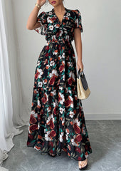 Ruffled Floral Print Smocked Maxi Dress