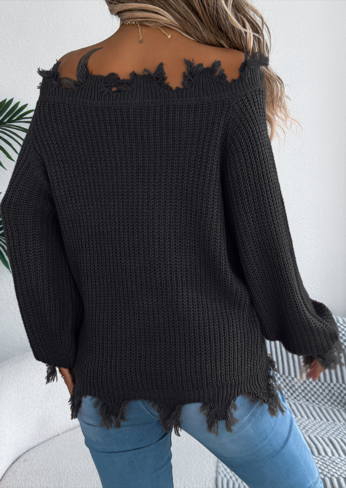 Off the Shoulder Raw Hem Jacquard Knitted Sweater