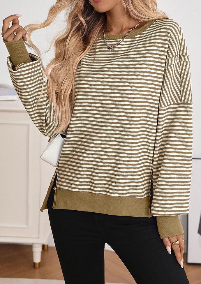 Side Split Striped Crew Neck Sweatshirt
