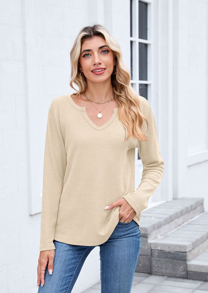 Waffle V Neck Long Sleeve T-shirt