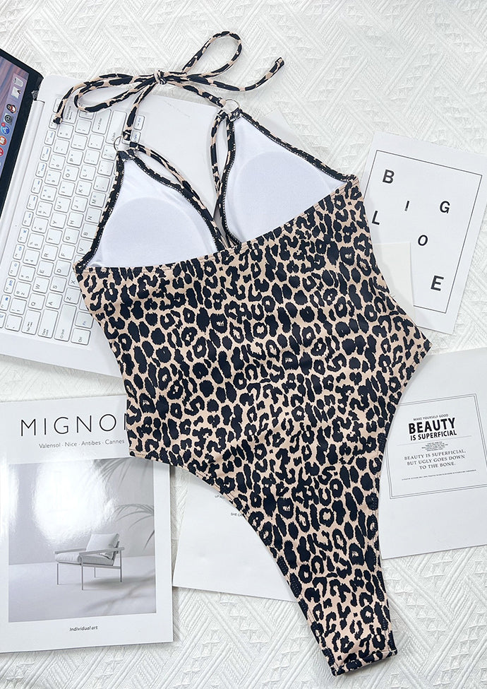 Leopard Print Cutout Halter One Piece Swimsuit