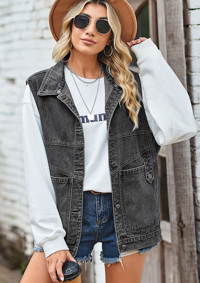 Button Up Hooded Denim Vest with Pockets