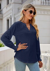 Jacquard V Neck Smocked Cuff Blouse